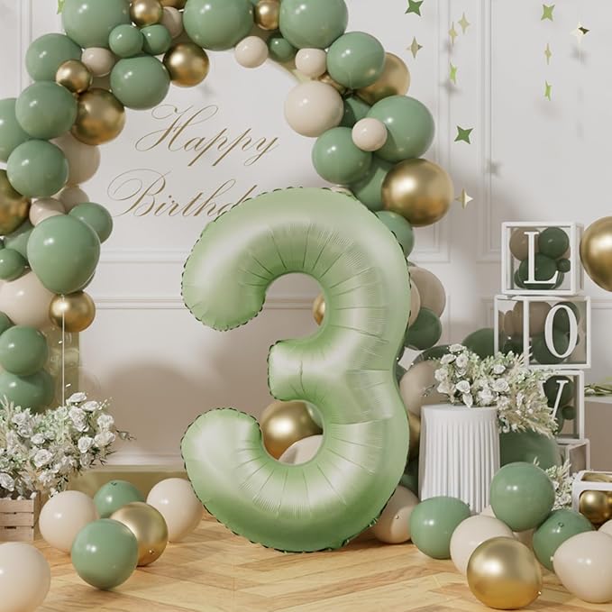 AULE 40 Inch Large 3 Balloon Numbers Sage Green, Big Foil Number Balloons, Giant Helium Happy Birthday Party Decorations for Man and Women, Huge Mylar Anniversary Party Supplies