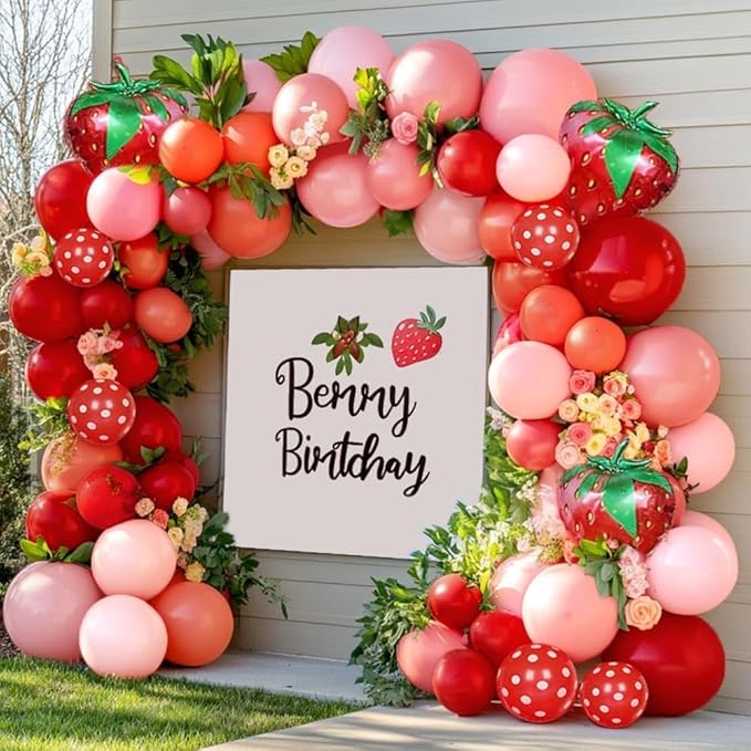 Strawberry Balloon Arch Kit Double Stuffed, Pastel Red Baby Pink Coral Balloon Garland with 18in Strawberry Foil for Berry First Birthday Baby Shower Sweet Valentines Day Party