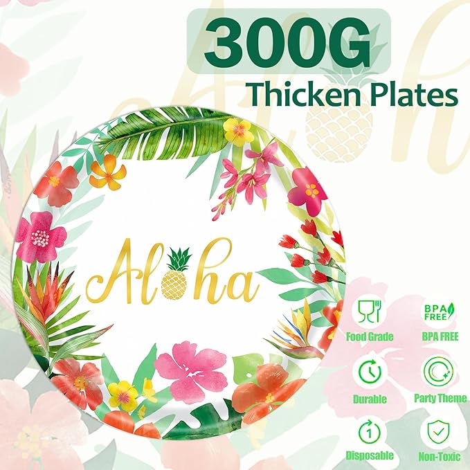 Hawaiian Luau Party Decorations Supplies - 350 PCS Aloha Tropical Birthday Party Decorations Disposable Dinnerware Set (50 Guest) With Paper Plates Napkin Cup for Summer Beach Themed Pool