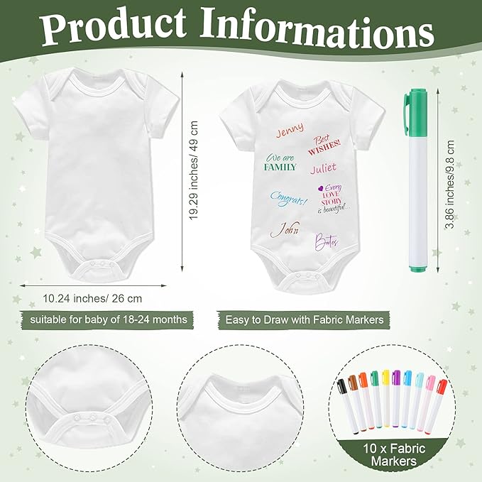 Qunclay 12 Pcs Baby Shower Game Decor with White Unisex Bodysuit Wooden Sign Tabletop Decor and Marker for Guests(Greenery)