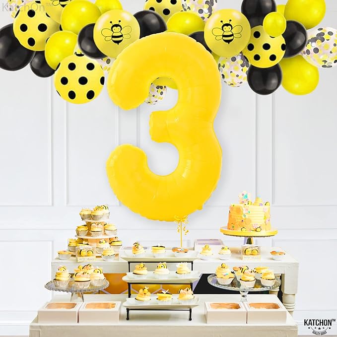 KatchOn, Big, Yellow 3 Balloon Number - 40 Inch | Yellow Three balloon for 3 Year Old Balloons | 3rd Birthday Decorations for Boys | 3 birthday Balloon, Honey Bee Party Decorations