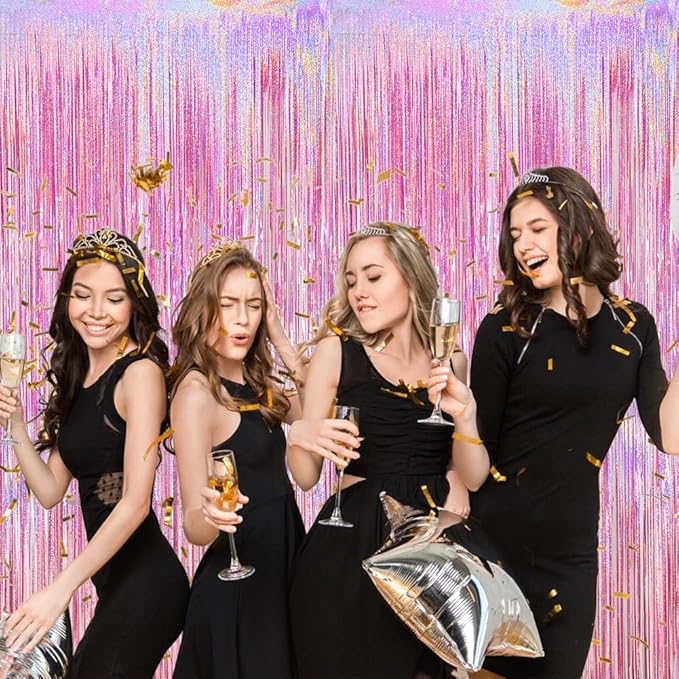 Glitter Pink Fringe Party Curtain - 6.5x9.8 feet, Pack of 2 | LILF Pink Tinsel Streamers Foil Fringe Backdrop Curtain with Non-Marking Tape for Birthday Bachelorette Party Decoration Photo Booth Props