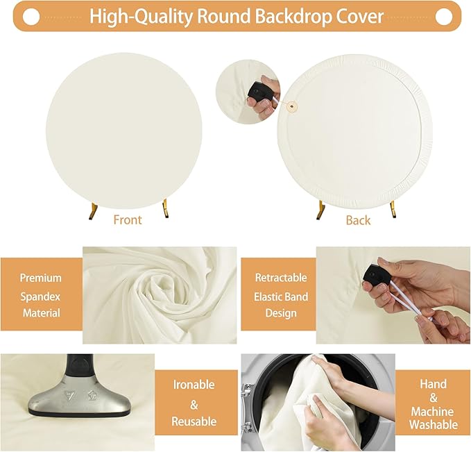 Gallety 7.2 FT Ivory Round Backdrop Cover for 5 to 7.2ft Circle Stand Adjustable Polyester Arch Backdrop Cover for Wedding Arch Birthday Party Photography Decoration