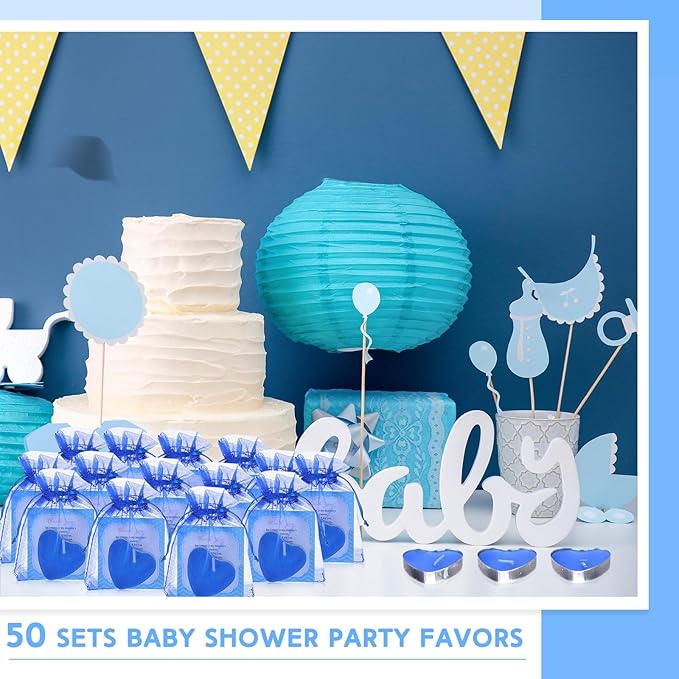 50 Sets Baby Shower Favors Candle Include 50 Pcs Heart Shaped Tealight Guests Baby Shower Candles Tealight with Thank Cards and 100 Pcs Gift Bags for Gender Reveal(Blue)