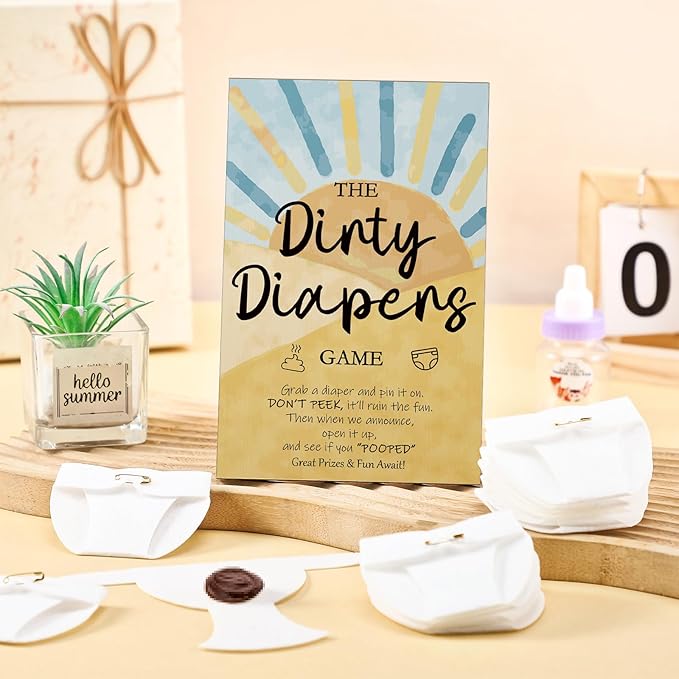 Roowest 51 Pcs Dirty Diaper Baby Shower Games Funny Wooden Sign with 50 Pcs Mini Diapers Cute Felt for Gender Reveal Party Baby Shower (Sun)
