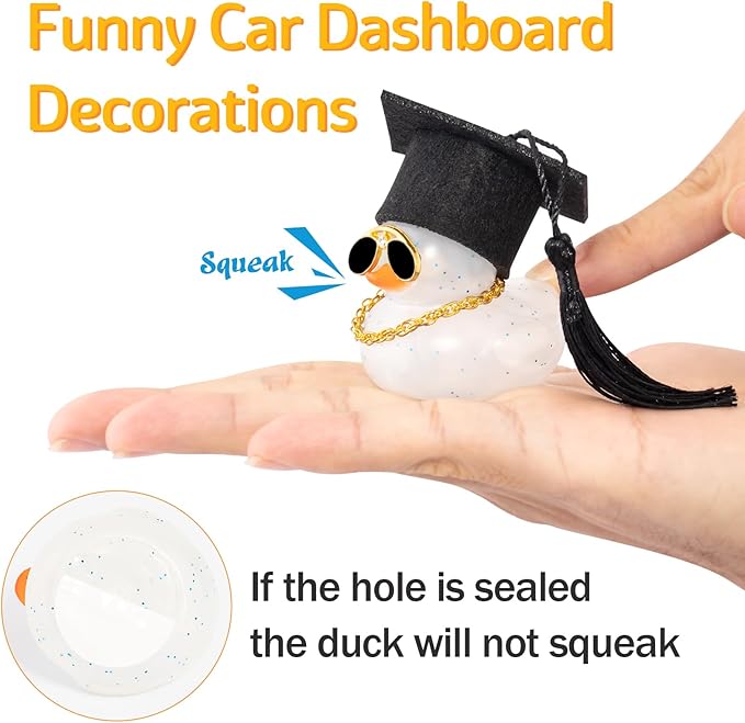 wonuu Car Dashboard Decor Graduation Hat Color Rubber Duck, Car Ducks Ornaments with Mini Graduation Hat Necklace Sunglasses (Dark Blue)