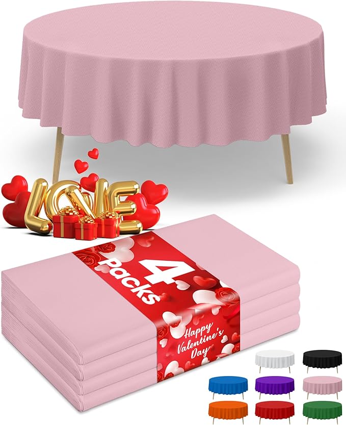 Pink Plastic Table Cloth - 4 Pack 84" Round Disposable Tablecloths for Round Tables, Table Cover for Valentines, Holiday Parties & Gatherings