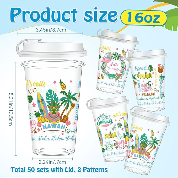 50 Pcs Hawaiian Luau Party Cups 16 oz Summer Disposable Plastic Cups with Lids, Tropical Floral Hibiscus Palm Tree Flamingo Tiki Drinking Cups for Hawaii Beach Pool Birthday Party Drinkware Supplies