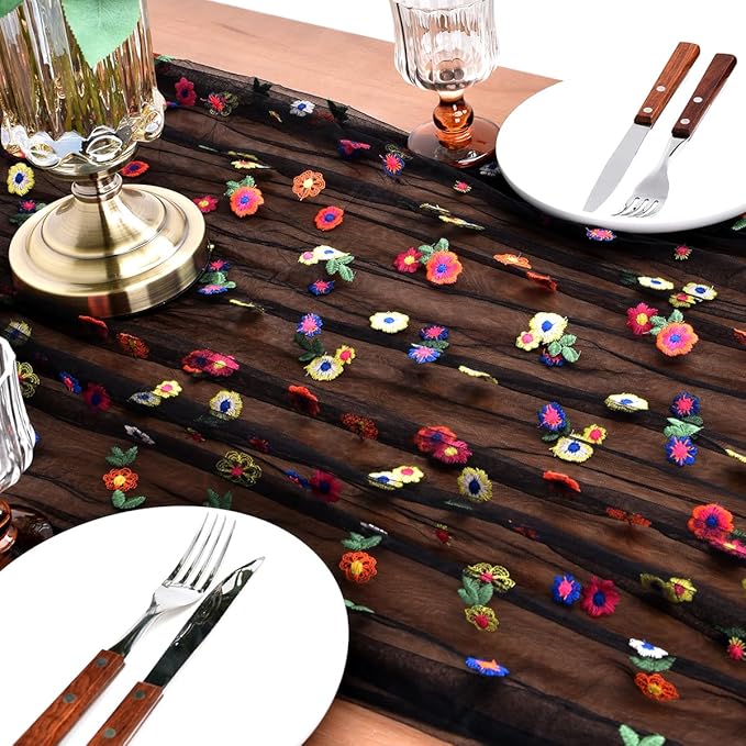Joanlody Black Embroidery Daisy Spring Summer Table Runner 10ft Florals Seasonal Easter Tulle Table Runner Holiday Kitchen Dining Table Decoration for Home Party Indoor