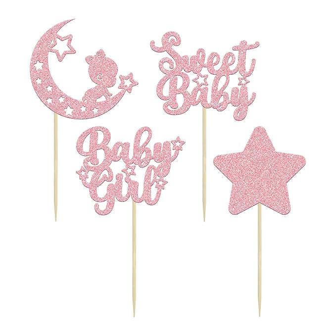 Gyufise 24Pcs Pink Glitter Baby Girl Cupcake Toppers Star Moon Sweet Baby Shower Cupcake Picks Baby Shower Girls Birthday Party Cake Decorations Supplies