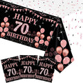3 PCS 70th Birthday Tablecloth Decorations for Women Black and Rose Gold Theme Tablecloth Party Favors Seventy Years Old Plastic Disposable Rectangular Table Cloth Decor