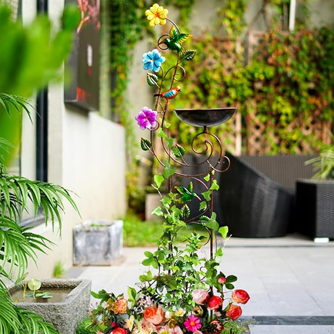 57" Height Metal Bird Bath with Trellis for Outdoor, Vintage Decorative Bird Baths, Small Garden Plant Support, Antique BirdBath for Climbing Plants with Detachable Iron Bowl (Dragonfly)