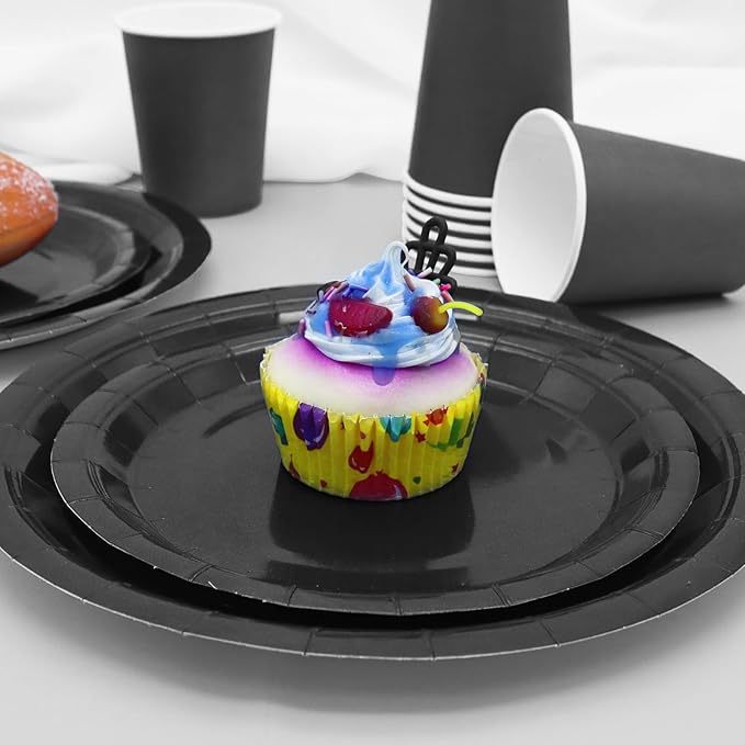 168pcs Black Paper Plates and Napkins for Halloween Birthday Anniversary Decorations, Black Plates Disposable Dinnerware Sets for Party Supplies and Party Decorations Serves 24
