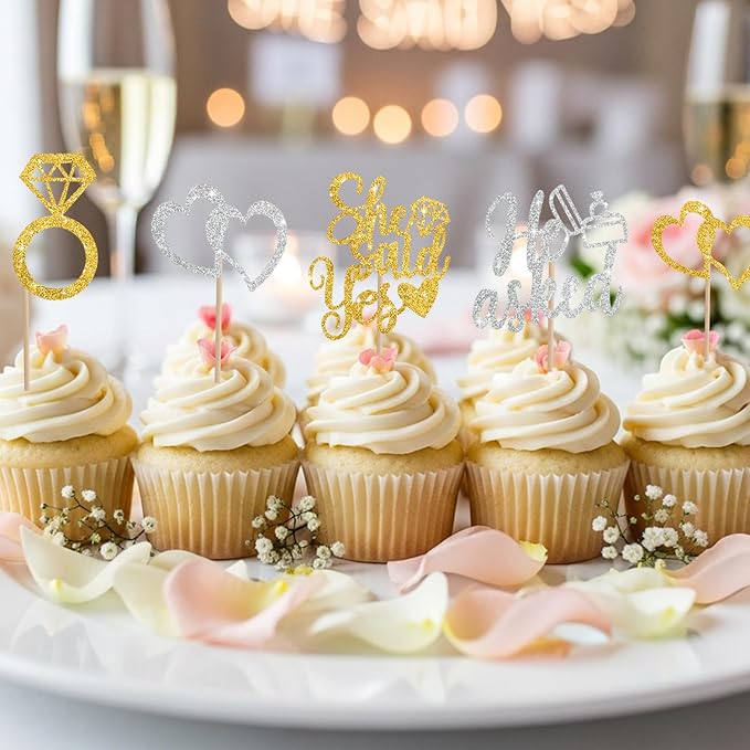 BEISHIDA He Asked She Said Yes Cupcake Toppers, 24 Pcs Engagement Cupcake Toppers Glitter Diamond Ring Heart Cupcake Picks for Wedding Engagement Bridal Shower Party Cake Decorations(Gold and Silver)
