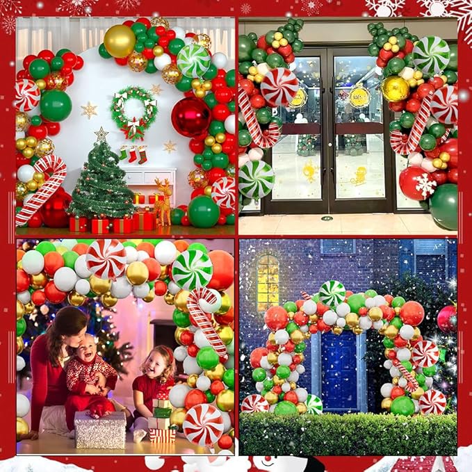 Christmas Decorations Balloons Arch Kit - 126 PCS Red Green White Gold Confetti Xmas Foil Balloons Candy Cane Balloon Garland Arch Kit for Xmas Christmas Decorations Holiday New Year Party Supplies
