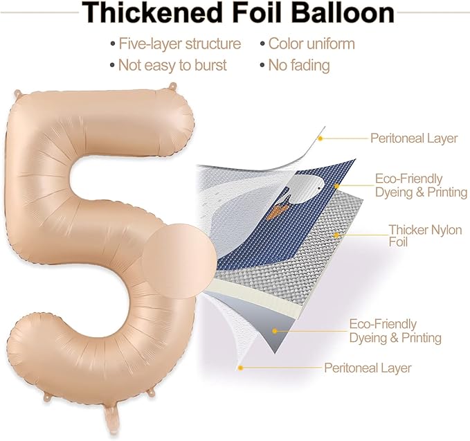 Number 5 Balloon, 5 Balloon, Number Balloons 40 Inch, Beige Large Big Foil Number Balloons for Birthday Party Graduation Wedding Anniversary Baby Shower Bachelorette Decoration Supplies