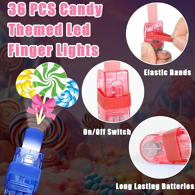 36 PCS Candy Birthday Party Favors Lollipop Candyland LED Light Up Finger Lights, Glow in the Dark Candy Land Party Bulk for Holiday Christmas Goodie Treat Bags Stuffers Candies Birthday Supplies