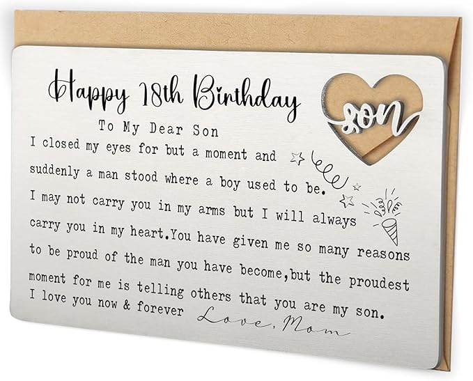 Happy 18th Birthday Wallet Insert for Son from Mom, Stainless Steel Laser-Engraved Postcard with Heart Cutout, Adult Son Birthday Gift, Sentimental Pocket Keepsake for Milestone Celebration QBK09