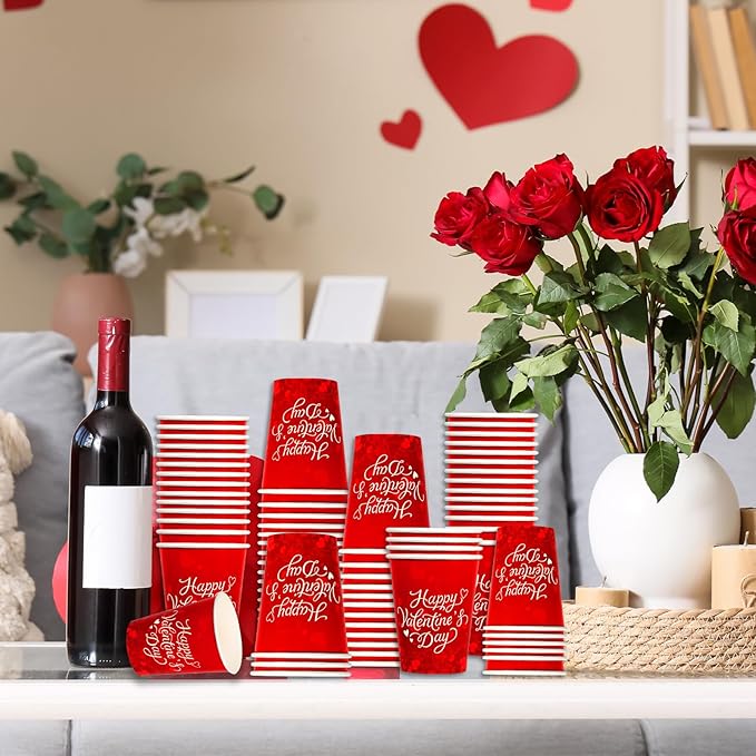 Gatherfun 50-Pack Valentine's Party Supplies - Romantic Heart-Themed 9 oz Disposable Paper Cups for Lovely Valentine's & Galentine's Day Decorations Set