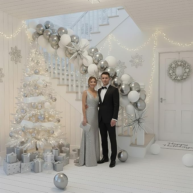 White Winter Wonderland decorations with Pearl White Silver Balloon Garland Arch & Foil Star printed balloons Artificial Snowflakes For winter 1st birthday Christmas new year party decorations
