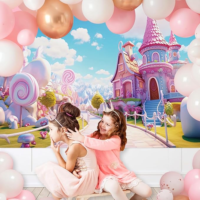 7x5ft Candyland Backdrop Pink Sweet Candy Castle Fairy Tale Photography Background for Girls Princess Birthday Baby Shower Party Decorations Kids Portraits Banner Photo Studio Props