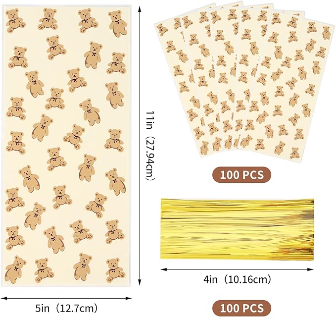 Docvania Bear Cellophane Treat Bags Plastic Gift Bag 100 pcs 5 X 11 Bear Cookie Bags with Ties Goodie Candy Bag Suitable for Mother's Day, Valentine's Day, and Holiday Parties