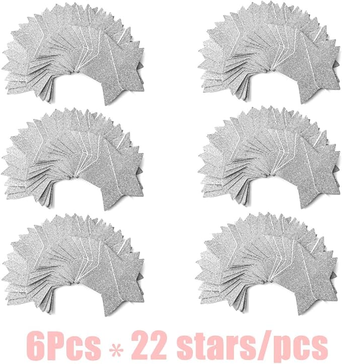 6 Pcs Glitter Silver Star Paper Garland Christmas Birthday Party Decorations Sparkling Bunting Banner Hanging Decorations for Bridal Shower Baby Shower Bachelorette Party Wedding Holiday (50 Feet)