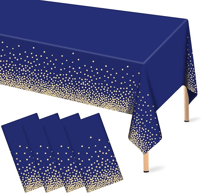 4 Pcs Navy Blue Plastic Tablecloth Gold Dot Blue Table Cloths, 54×108 inches Disposable Gold Dot Confetti Dark Blue Table Cover for Anniversary Friendsgiving Fine Dining Graduation Party Decoration…