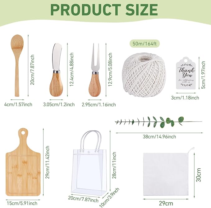Baby Shower Prizes for Game Winners Bamboo Cheese Board Spoon Fork Butter Spreaders Plaid Towel Thank You Card and Gift Bags for Baby Shower Wedding Bridal Shower Favors (Bamboo, 10 Sets)