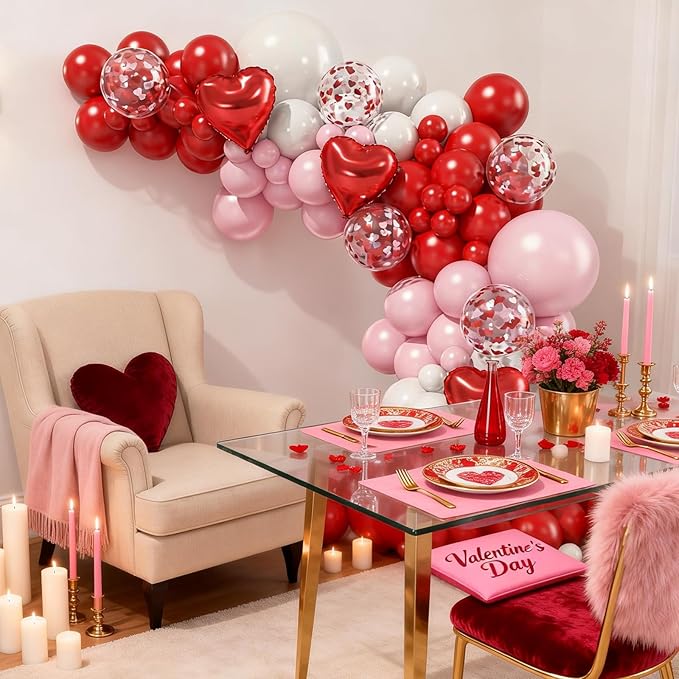 Valentines Red Pink White Balloons Arch Garland Kit, Valentine's Day Love Balloons Red Pink Heart Balloons for Women Girls Romantic Valentine Galentines Day Birthday Bridal Shower Party Decorations