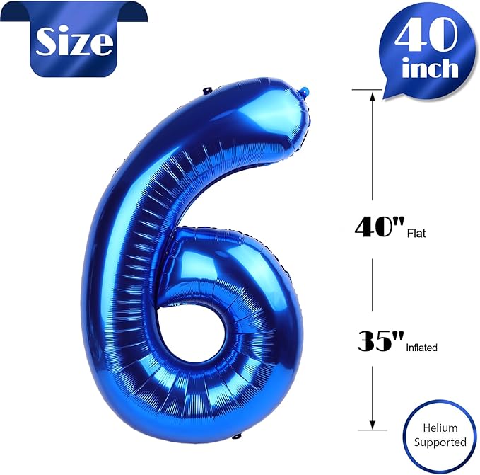 Metallic Blue Number 6 Balloon 40 Inch, 6 Balloon Number, 6th Birthday Decorations, Navy Blue Party Supplies for Boys Girls