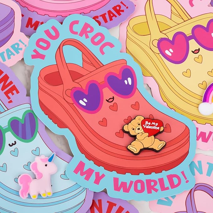 Valentines Day Cards for Kids School - Valentines Gifts for Kids - 36 Valentine Cards with Shoe Charms Bulk - Funny Valentine Exchange Card for Boys Girls Toddler Class Classroom Gift Party Favors