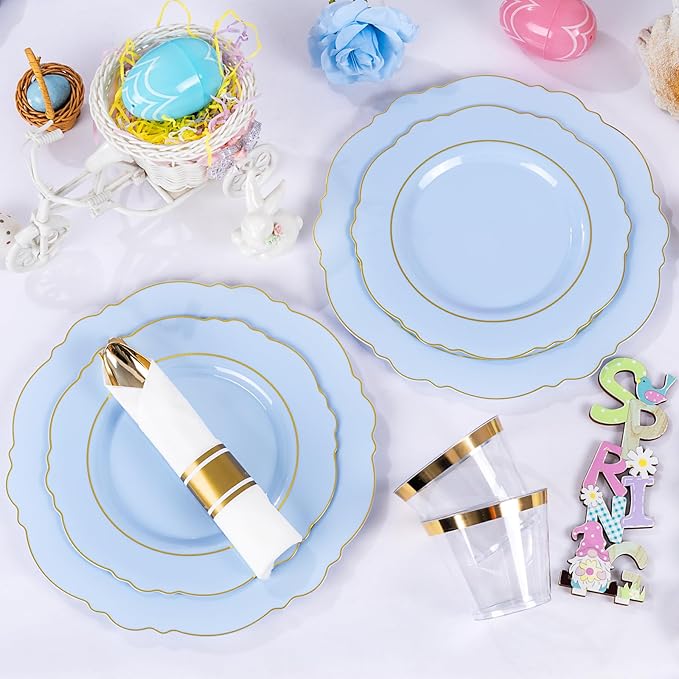 Liacere 350PCS Bule Plastic Plates - Disposable Bule and Gold Plates 50guest Baroque Plastic Dinnerware include 100Plates, 50Pack Pre Rolled Napkins with Silverware 50Cups for Wedding&Mother's Day