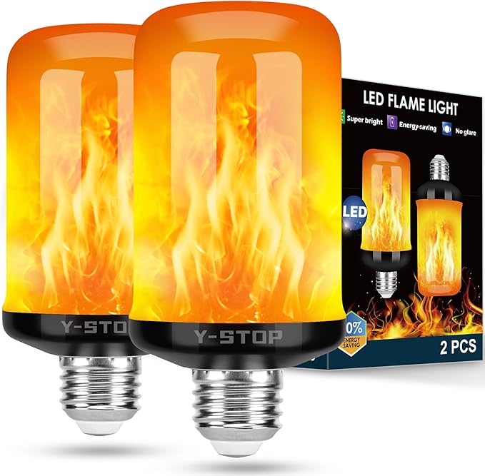 Y- STOP Upgraded LED Flame Light Bulbs, 4 Modes Flickering Light Bulb Outdoor with Upside Down Effect, E26 Base Flame Bulb for Christmas Decorations Outdoor, Halloween Lights, Party Decor (2 Pack)