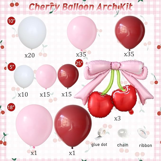 Cherry Balloon Garland Arch Kit, Burgundy Pink White Balloons with Pink Bow Red Cherry Foil Balloons for Girls Birthday She's The Cherry On Top Baby Shower Wedding Bridal Party Decorations