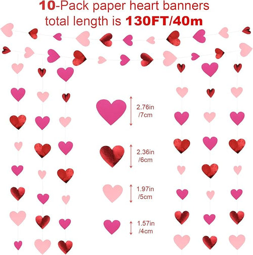10 Pack 130ft Rose Red Pink Heart Party Garland Asymmetrical Love Hanging Banners for Birthday Wedding Decorations Mothers Day Bachelorette Bridal Shower Engagement