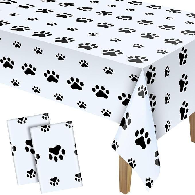 Tatuo 2 Pcs Puppy Paw Print Plastic Tablecloth Disposable Table Cover Puppy Themed Birthday Party Decorations for Dog Party Supplies (Black,71 x 54 Inch)