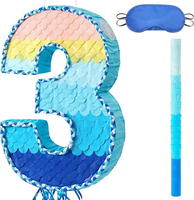 WERNNSAI Number 3 Piñata - Ombre Blue Three Piñata Birthday Party Game with Stick Blindfold for Kids Boys Girls 3rd Birthday Party Decorations（16.3" x 11.2" x 3")