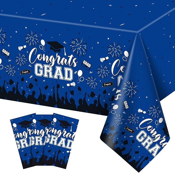 3 Pack Plastic Graduation Tablecloth, Graduation Decorations Class of 2026 Disposable Rectangle Blue Black Table Cover, 2026 Gongrats Grad Table Cloths for Graduation Party Decorations, 54x108