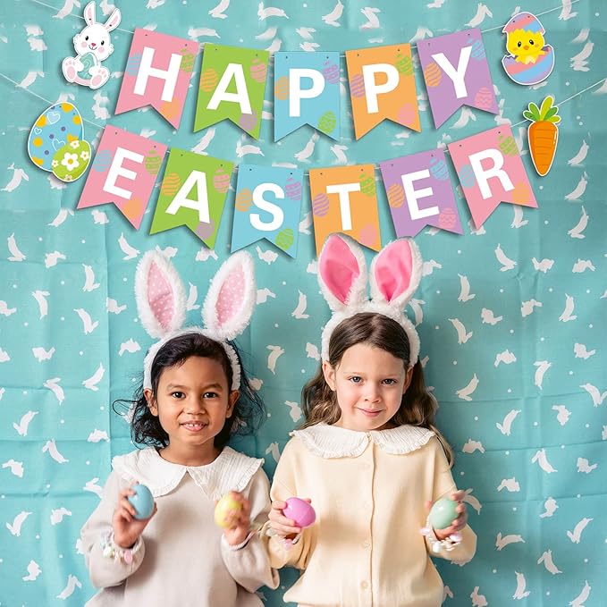 JOZON Happy Easter Banner - Multi-colored, 5.12" x 7" Flags, Easter Party Decorations with Bunny, Eggs, Chick & Carrot Signs