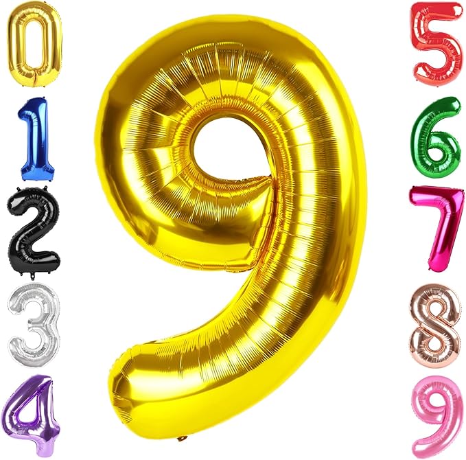 40 Inch Gold Number 9 Balloon, Giant 9 Number Balloons for 9th Birthday Decorations, Party Supplies for Baby Boy Girl, Gold Party Decor