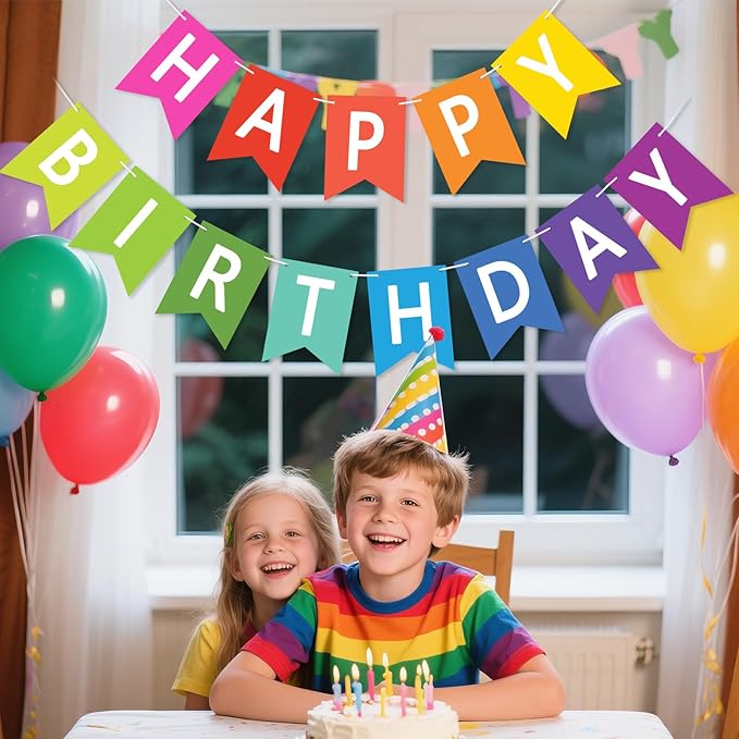 Happy Birthday Banner Sign, Birthday Garland Wall Door Hanging Banners Flag for Women Men Boys Girls Party Backdrop Decorations, Personalized Name Banner White Letters Colorful