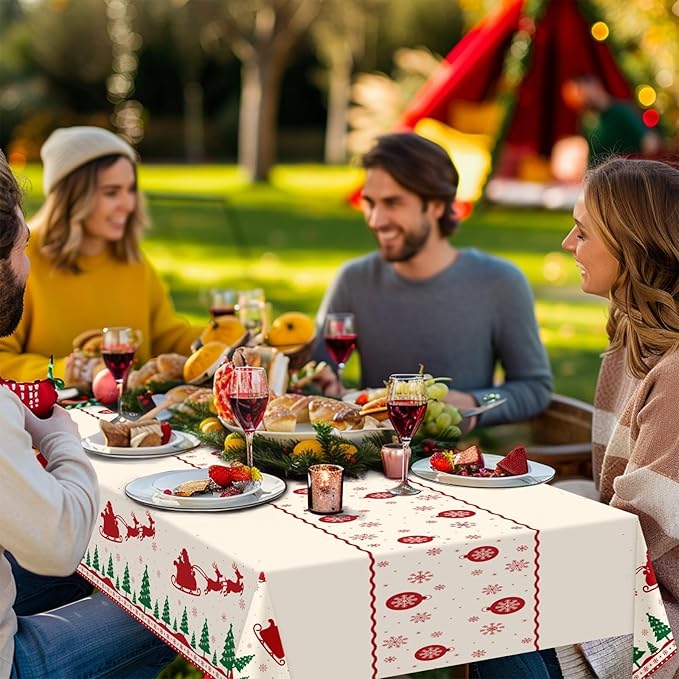 Childom Christmas Disposable Tablecloth,2 Pack Plastic Christmas Tablecloths for Rectangle Tables,54 x 108 Inch,Xmas Beige Reindeer Tablecloths for Xmas Table Decorations Indoor,Outdoor,Parties