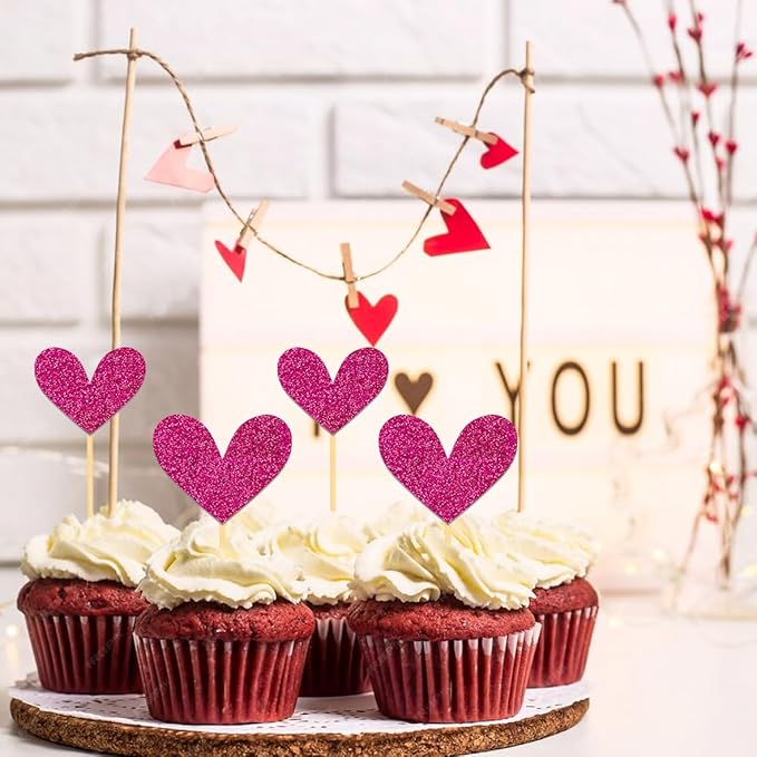 24Pcs Rose Red Heart Cupcake Toppers for Valentine's Day Decorations, Mixed Size Heart Valentine's Day Cupcake Toppers for Wedding Bridal Shower Party Decorations (Pitaya)
