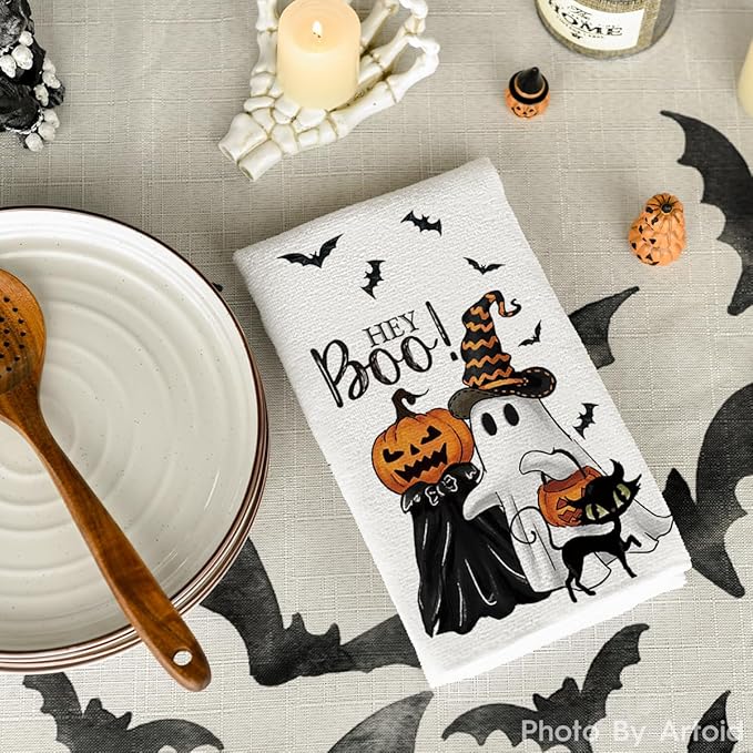 Artoid Mode Ghost Pumpkins Bats Cat Hey Boo Halloween Kitchen Towels Dish Towels, 18x26 Inch Seasonal Decoration Hand Towels Set of 2