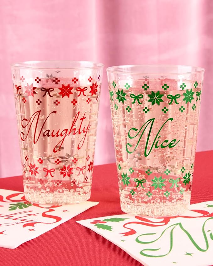 xo, Fetti Naughty + Nice Plastic Cups | 30 pcs 12 oz | Red Christmas Drinkware, Green Xmas Decorations, Clear Holiday Party Drinks, Friedsmas