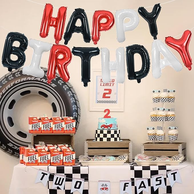 TONIFUL Happy Birthday Balloons Banner with Ribbon Straw,16 Inch Mylar Letters Birthday Sign Banner Balloon Bunting Reusable for Girls Boys Kids & Adults Birthday Halloween Supplies（Red Black White）