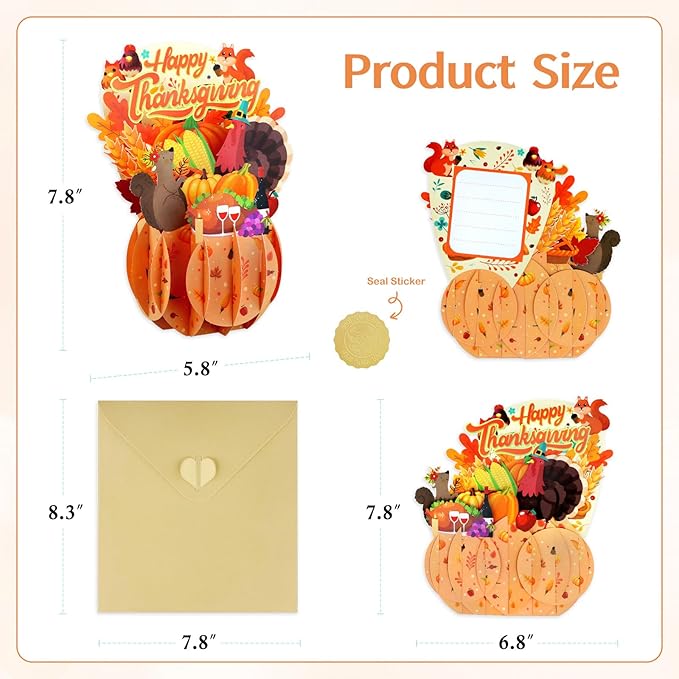 FaCraft Thanksgiving Cards - 3D Handmade Happy Thanksgiving Pop Up Greeting Cards with Envelope and Seals, Birthday Gifts for Kids Boy Girl