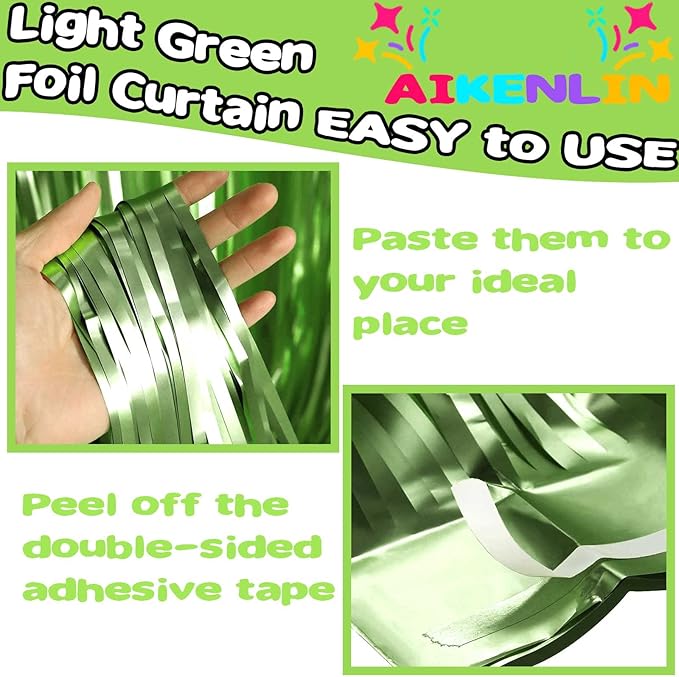 4 Pack 3.3Ft x 6.6Ft Light Green Foil Fringe Curtain Backdrop, Metallic Tinsel Foil Fringe Streamers Curtains Background for Photo Booth, Birthday, Wedding, Halloween, Christmas Party Decoration