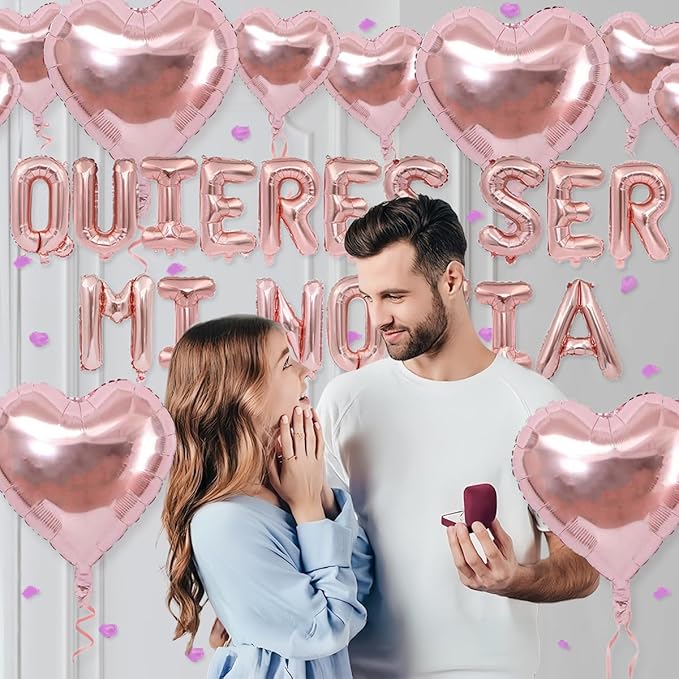 2 Set 16 Inch QUIERES SER MI NOVIA Balloons, Rose Gold Will You Be My Girlfriend Letter Balloons Spanish with 200pcs Artificial Rose Petals for Valentines Anniversary Day Banner Decorations